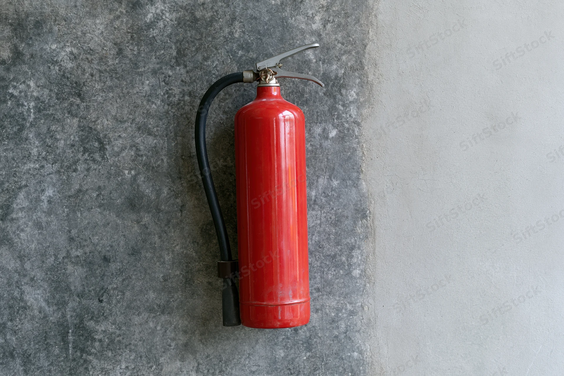 Red fire extinguisher mounted on a rough concrete wall