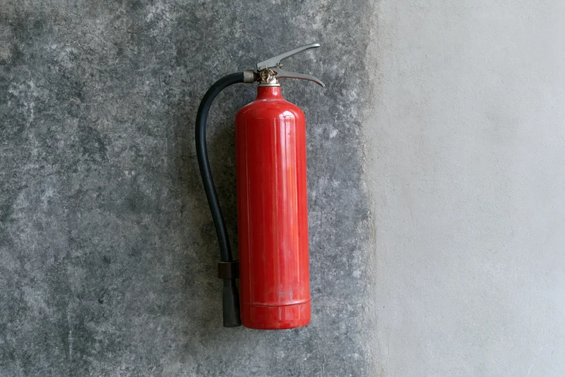 Red fire extinguisher mounted on a rough concrete wall