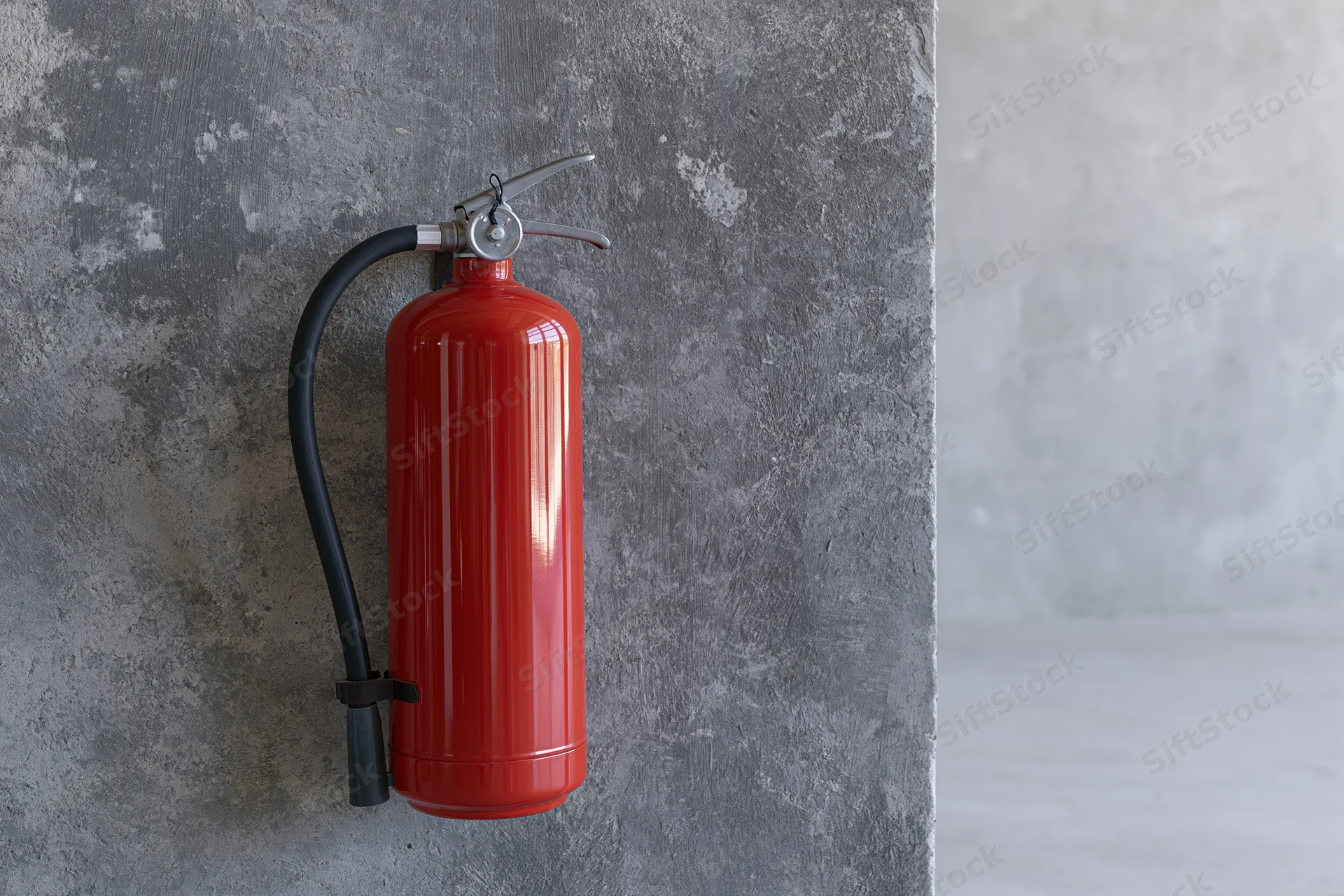 Red fire extinguisher mounted on a rough concrete wall in an industrial interior