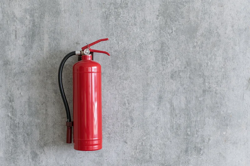 Red fire extinguisher mounted on a rough concrete wall
