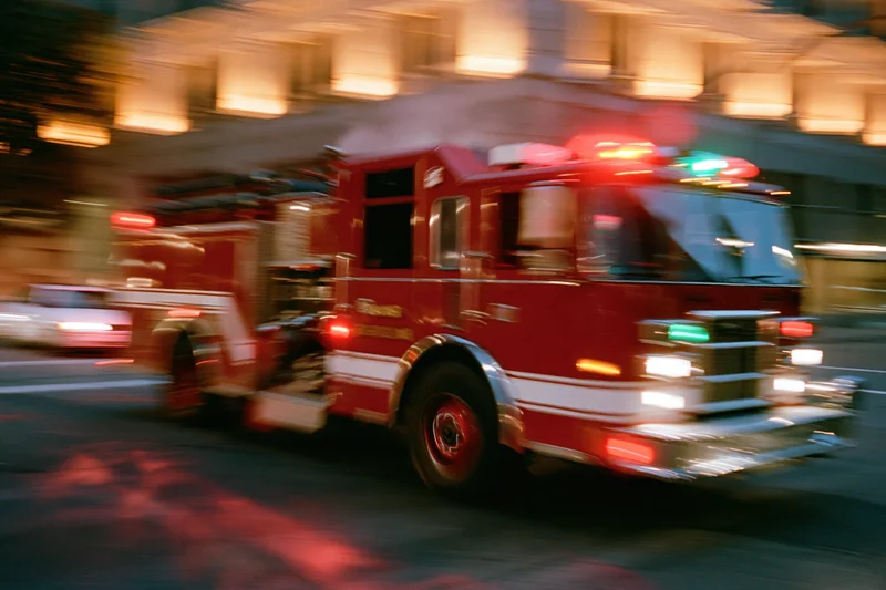 Red fire truck speeding through downtown city intersection at night with flashing lights and motion blur
