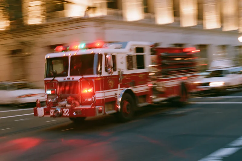 Red fire truck speeding through downtown city intersection at night with flashing lights and motion blur