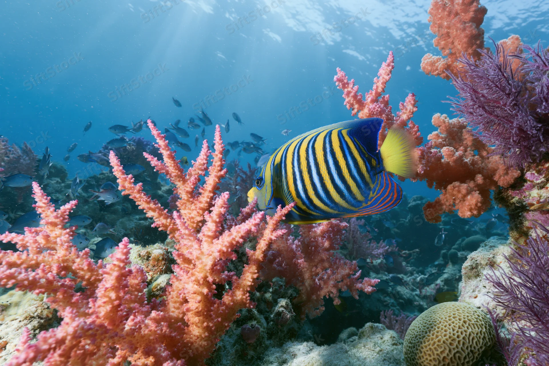 Regal angelfish with bold blue and yellow stripes swimming among coral in a sunlit underwater reef