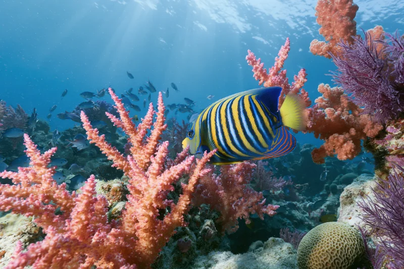 Regal angelfish with bold blue and yellow stripes swimming among coral in a sunlit underwater reef