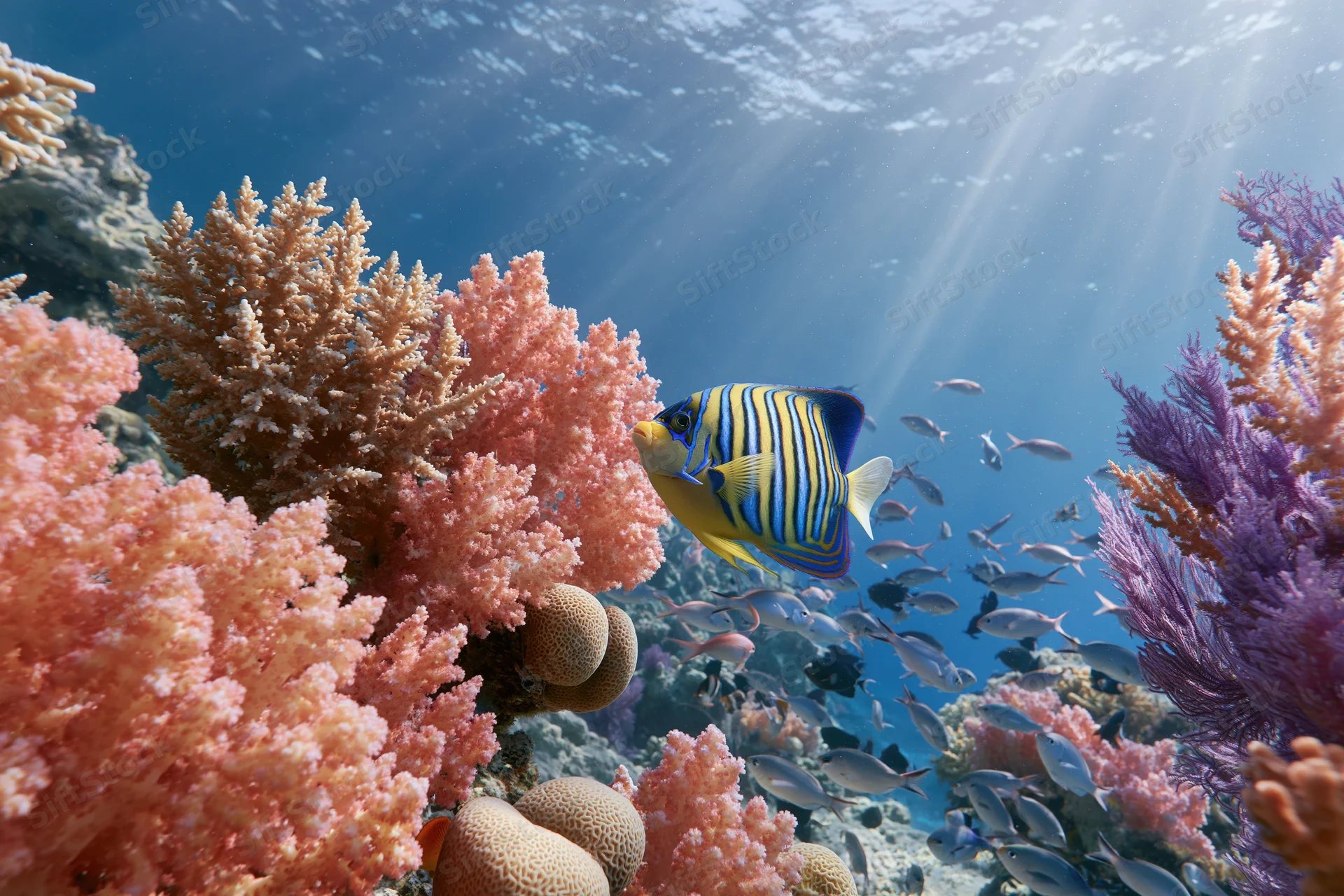 Regal angelfish swimming among colorful coral formations in a sunlit underwater reef