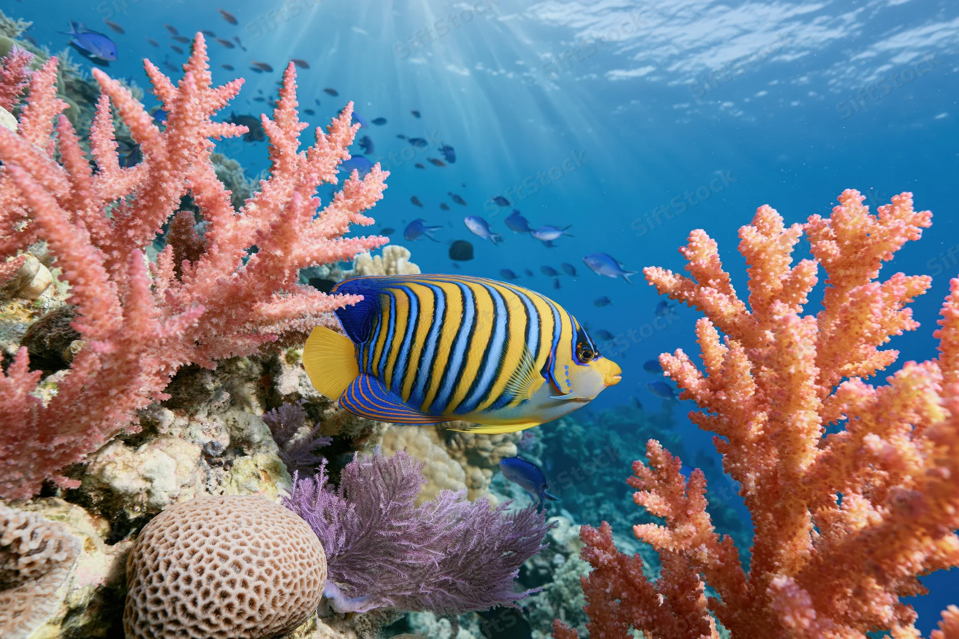Regal angelfish swimming among coral formations in a sunlit underwater reef