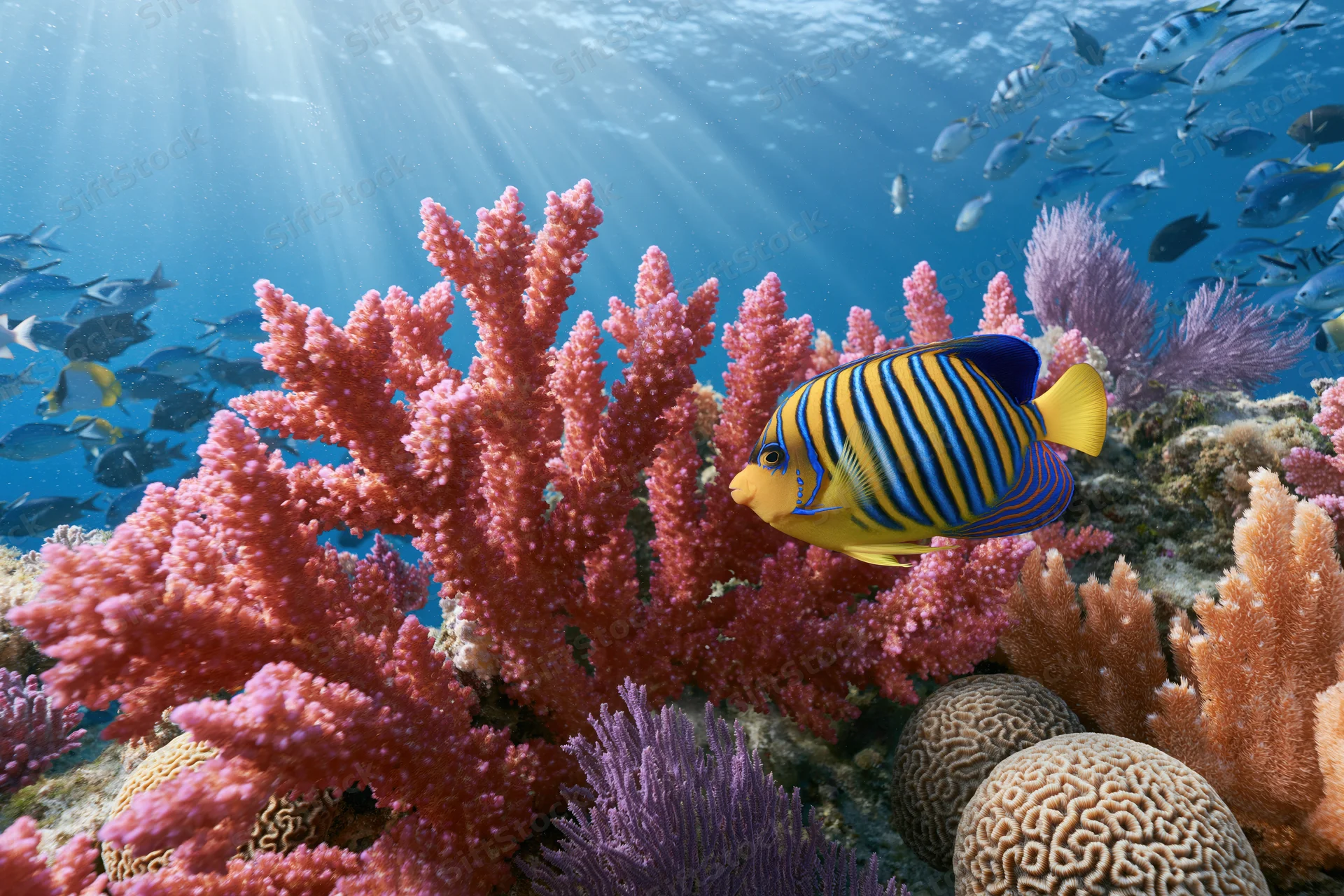 Regal angelfish swimming among colorful coral formations in a sunlit underwater reef