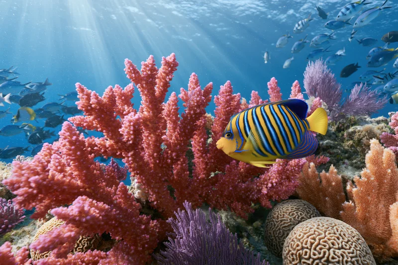 Regal angelfish swimming among colorful coral formations in a sunlit underwater reef