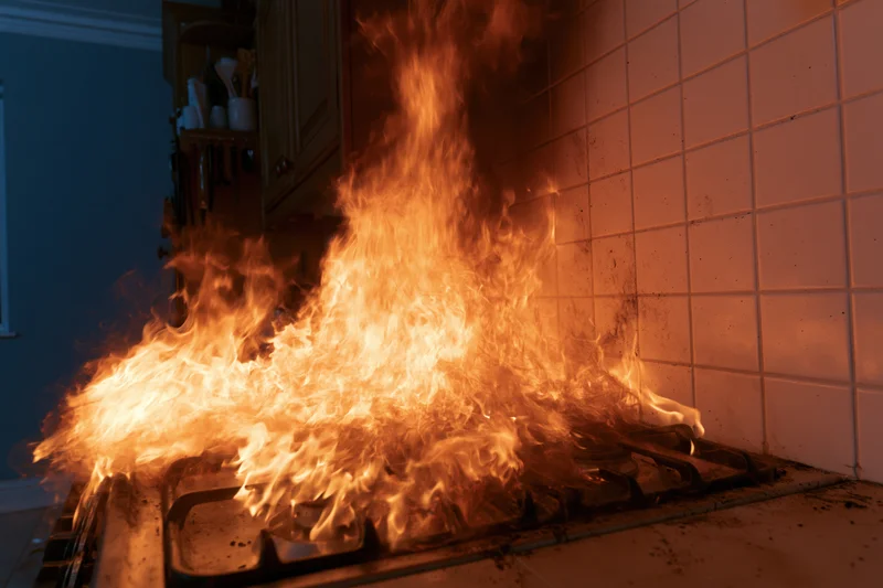 Large flames engulfing a gas stove in a residential kitchen