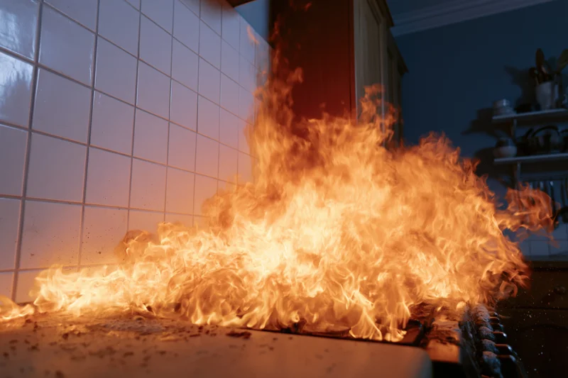 Large flames erupting from a kitchen stove in a residential home interior