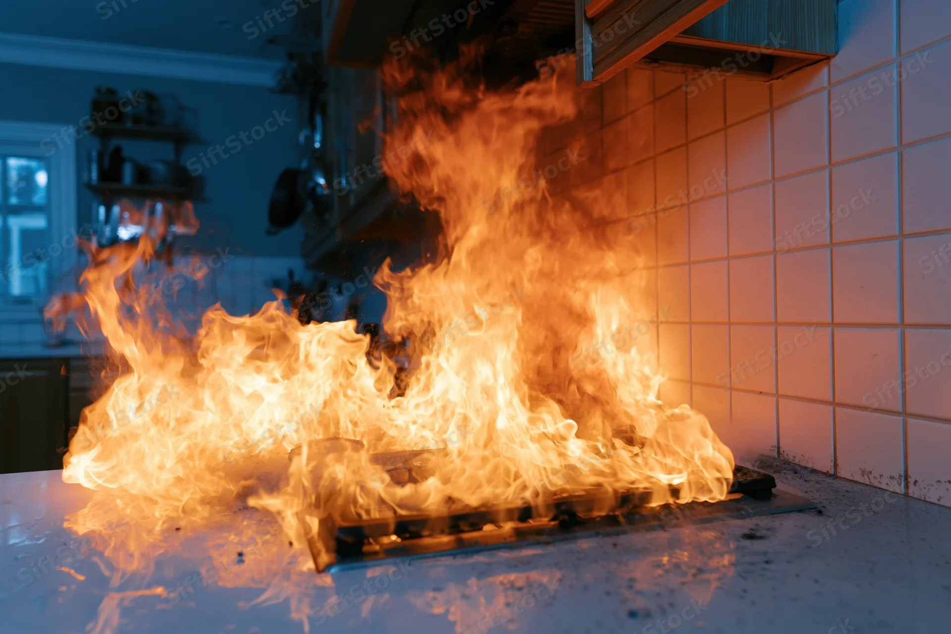 Large flames erupting from a gas stove in a residential kitchen