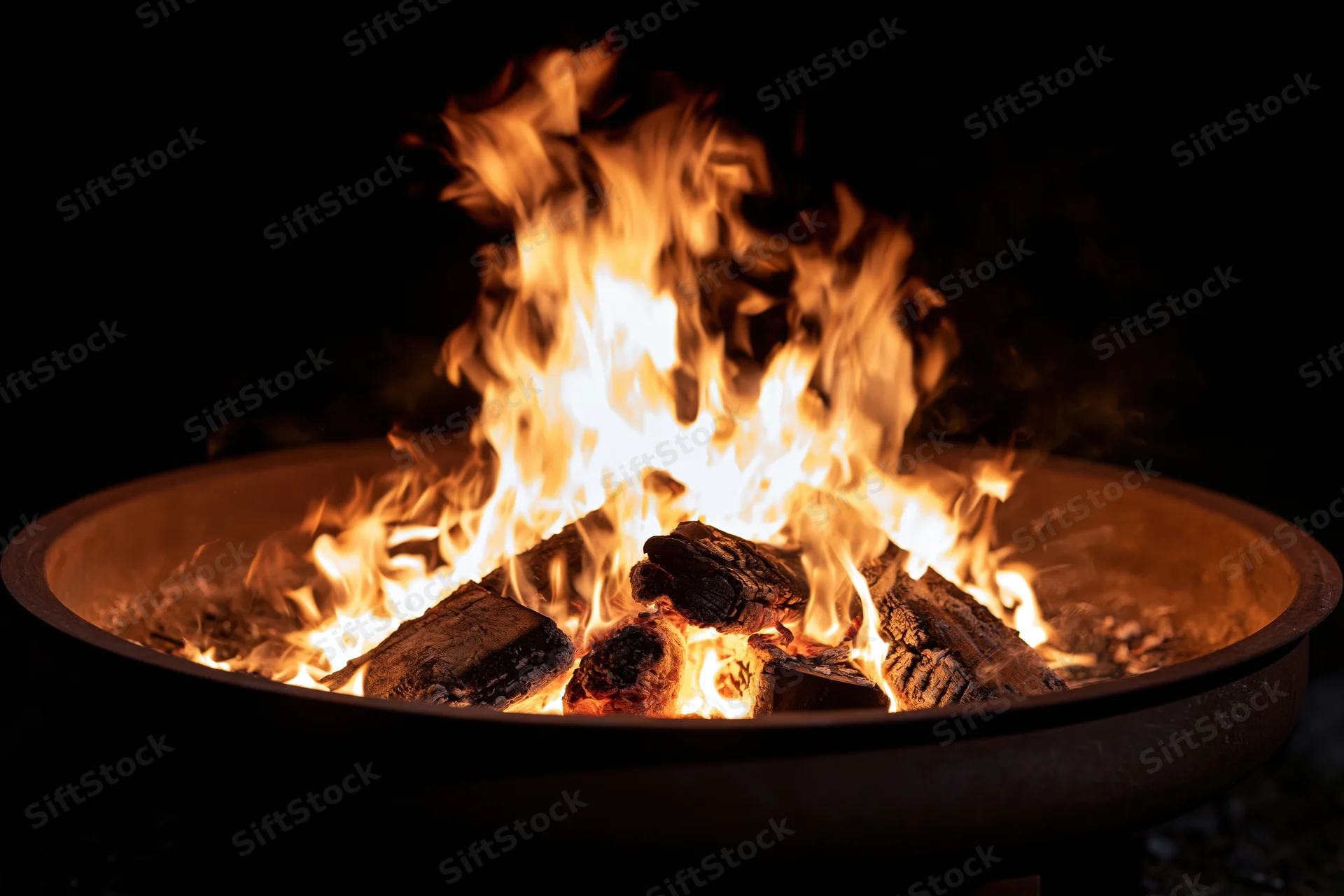 Tall flames burning in a round metal fire pit at night