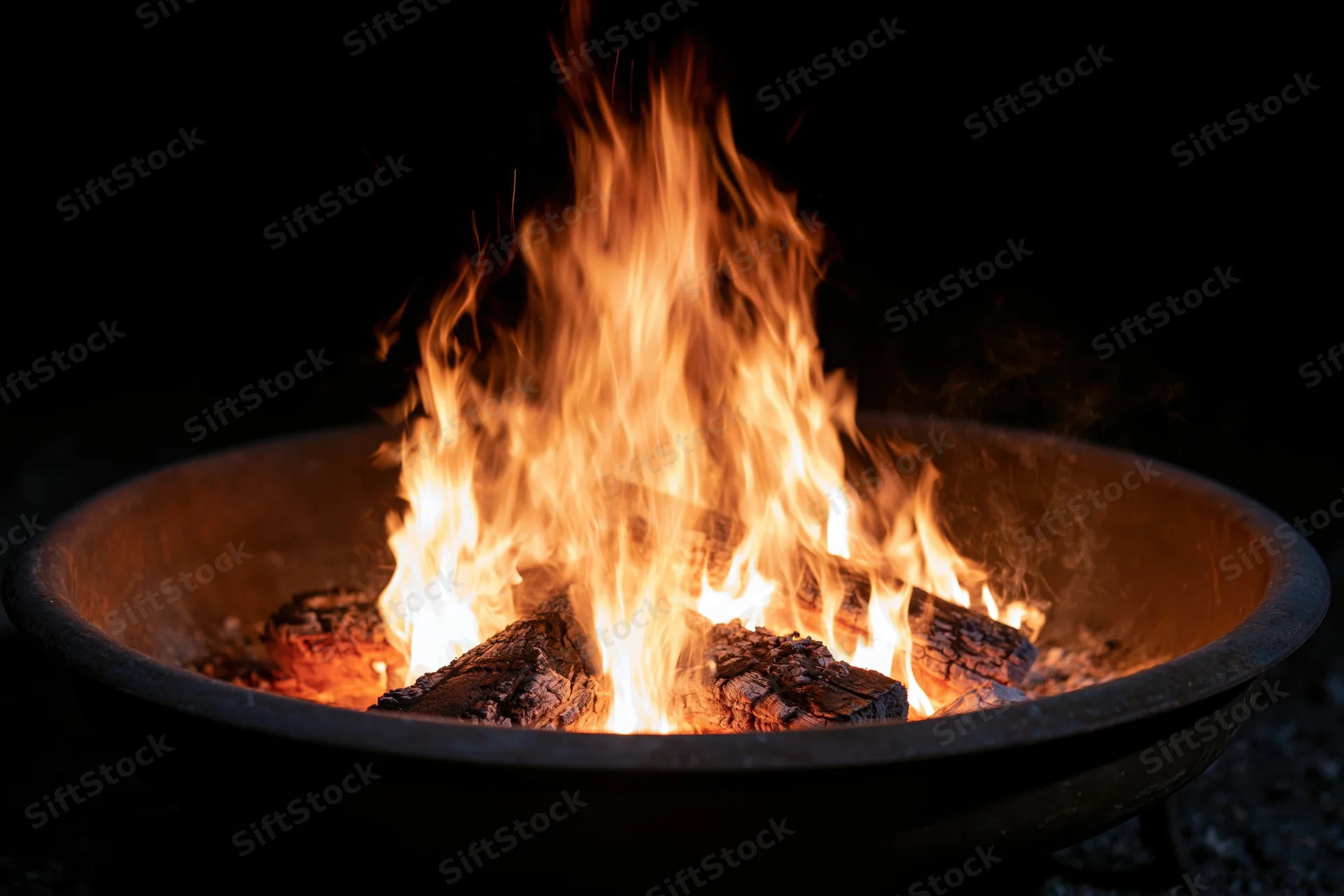 Fire burning in a round metal fire pit at night