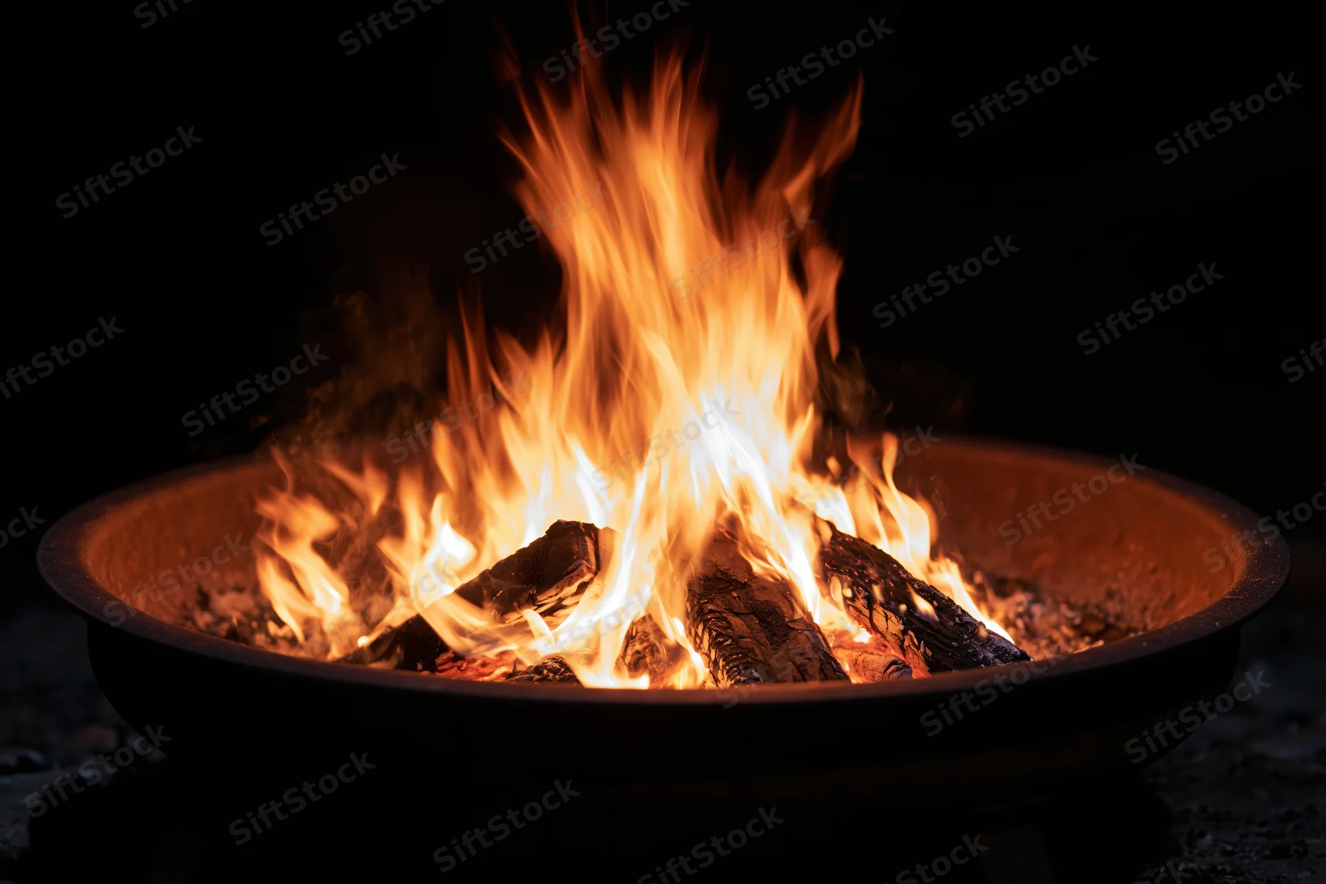 Tall flames burning in a round metal fire pit at night