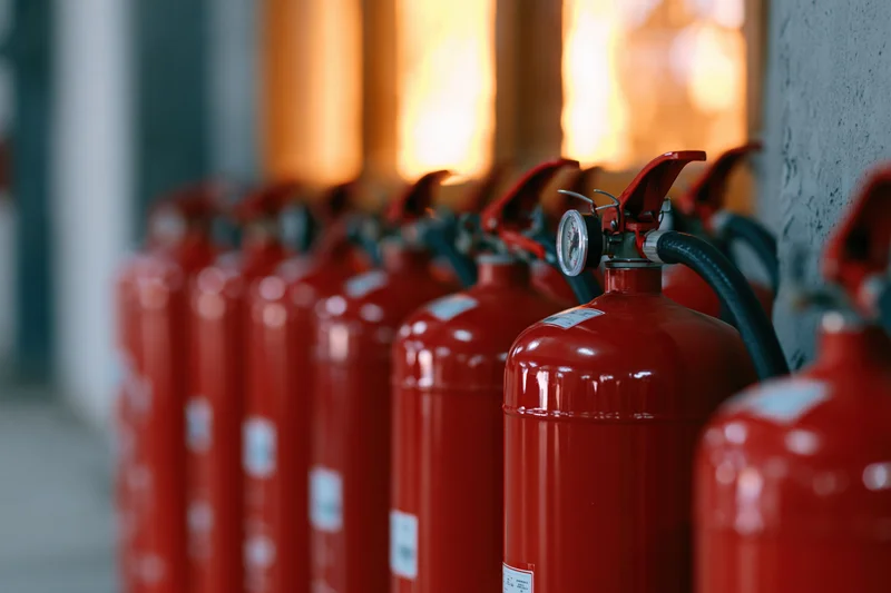 Row of red fire extinguishers lined up along a wall indoors