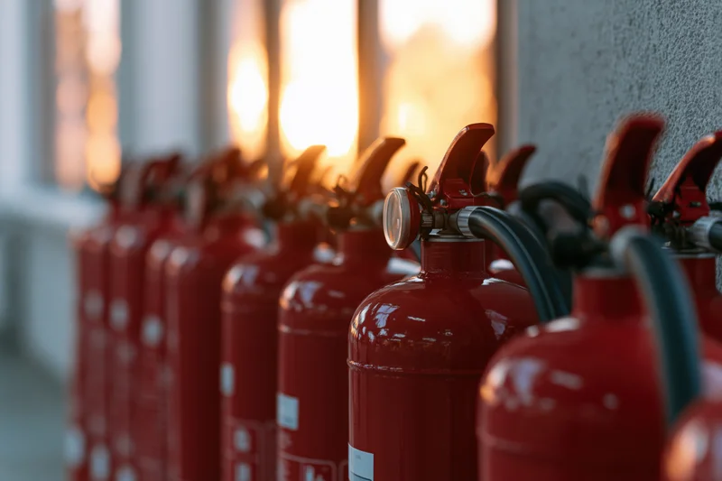 Row of red fire extinguishers lined up along a wall indoors