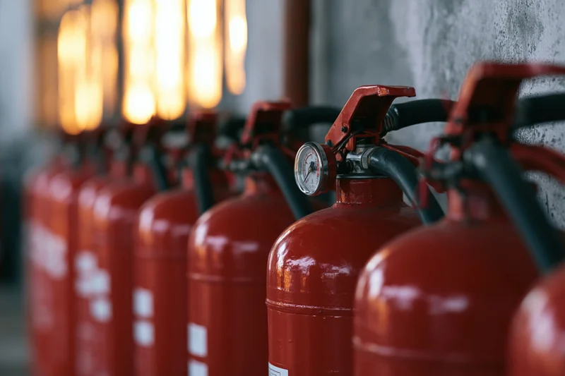 Row of red fire extinguishers mounted along a concrete wall indoors