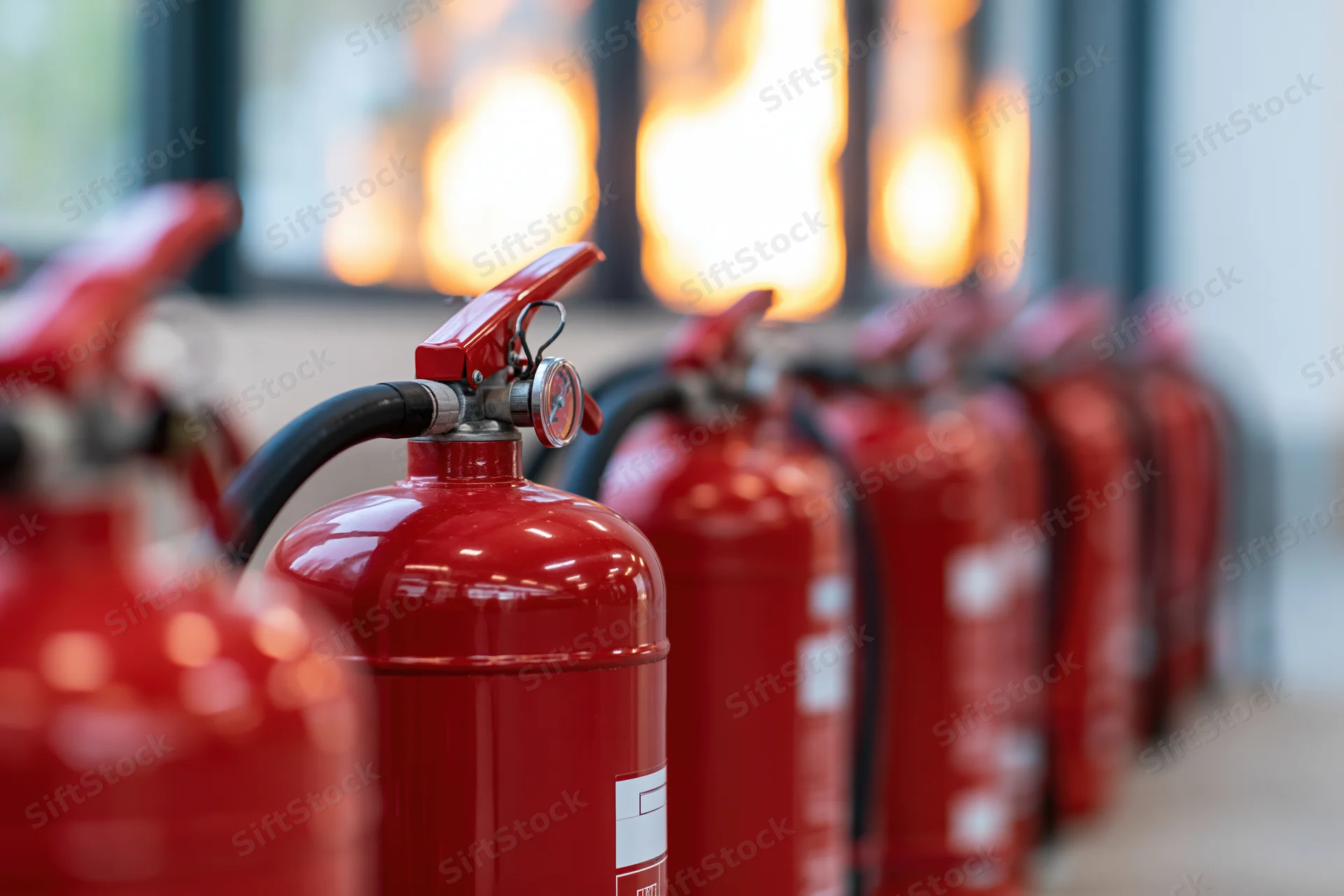 Row of red fire extinguishers lined up along a wall indoors