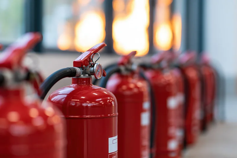 Row of red fire extinguishers lined up along a wall indoors