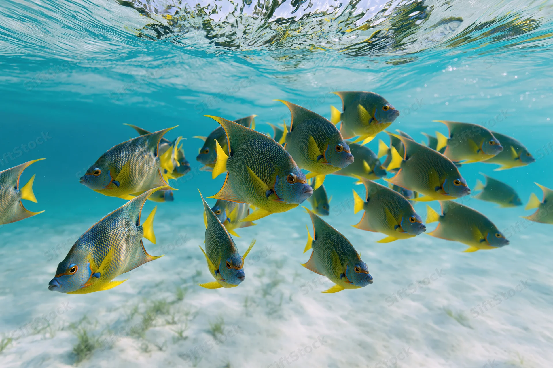 School of queen angelfish swimming in shallow tropical ocean water above sandy seabed