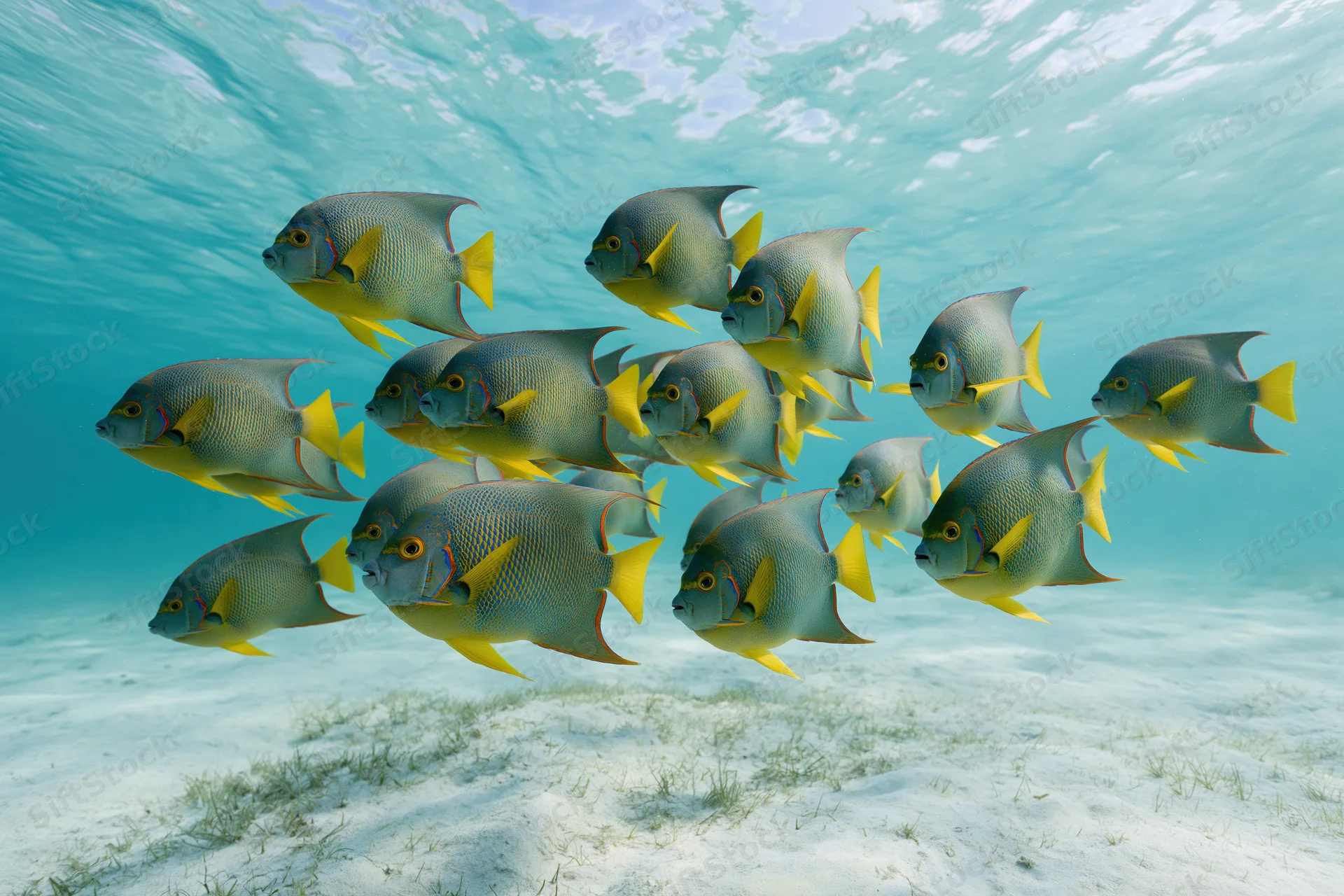 School of queen angelfish swimming together in shallow ocean water over sandy seabed