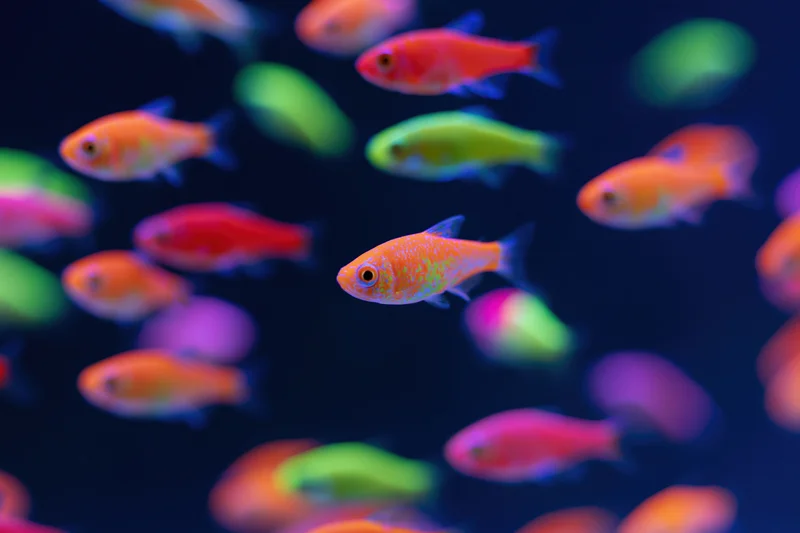 Fluorescent tetra fish swimming in dark aquarium water