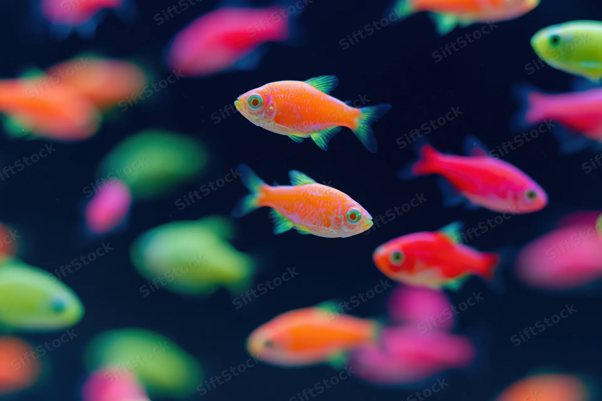 Small glofish tetra swimming in dark aquarium water