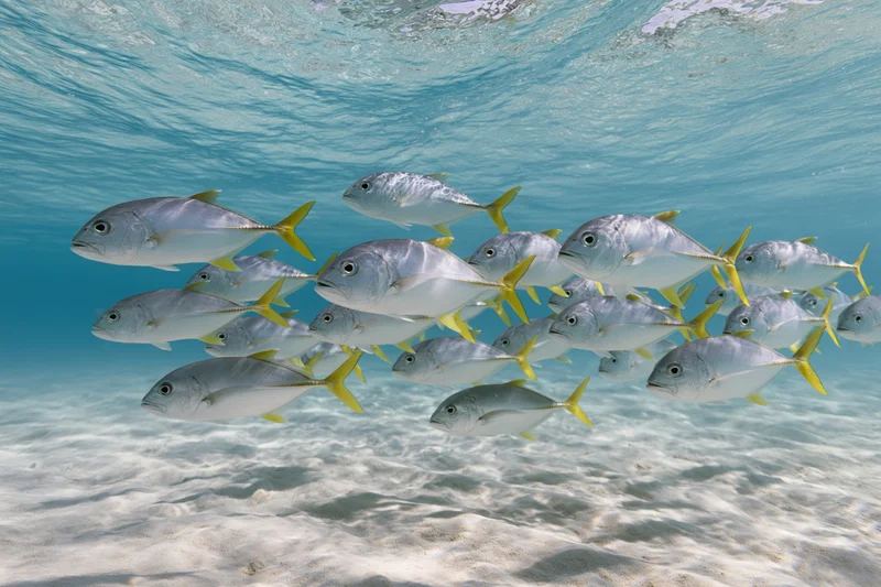 School of yellowfin jack fish swimming together underwater over sandy seabed in clear blue water