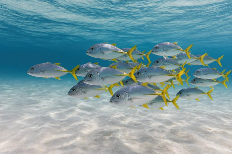 School of yellowfin jack fish swimming together in shallow ocean water over sandy seabed