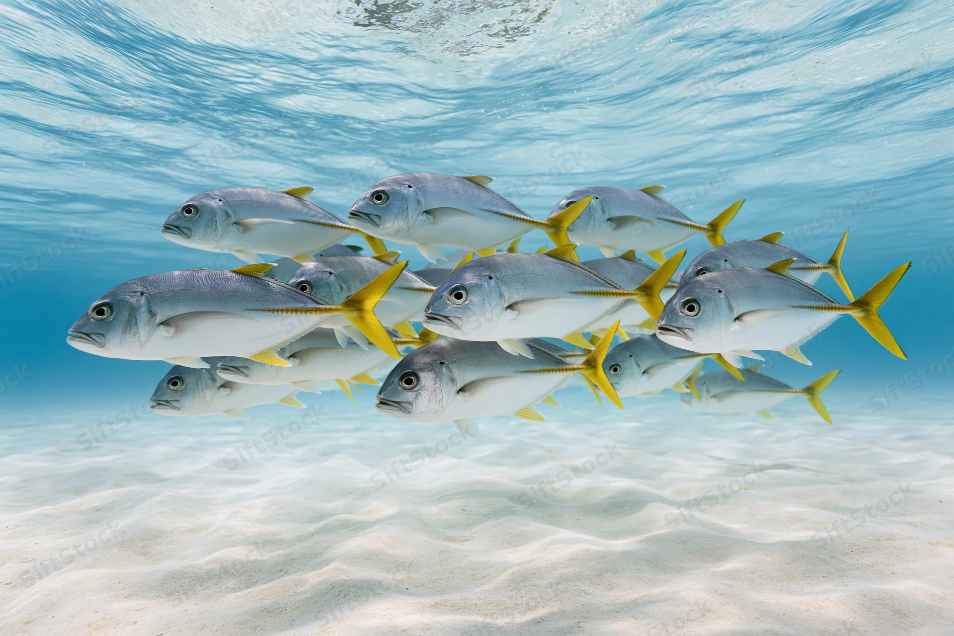 School of yellowfin jack fish swimming together underwater over sandy seabed