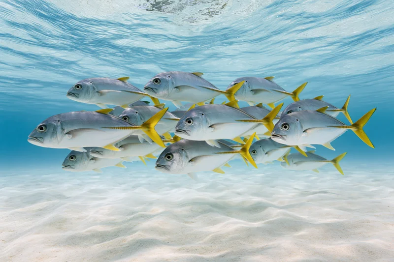 School of yellowfin jack fish swimming together underwater over sandy seabed
