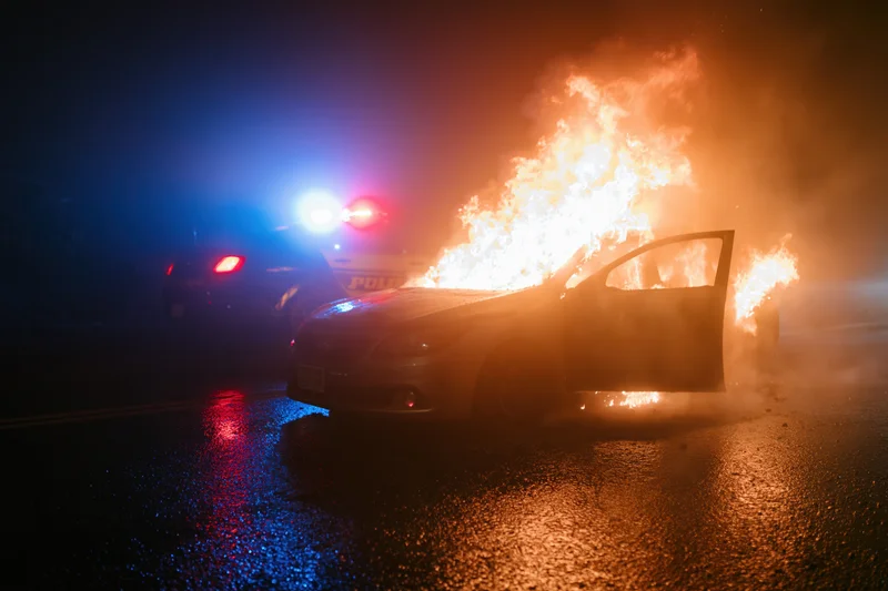 Burning car on wet road at night with police emergency lights flashing