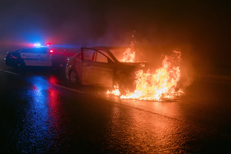 Burning car on wet road at night with police vehicle and flashing lights nearby