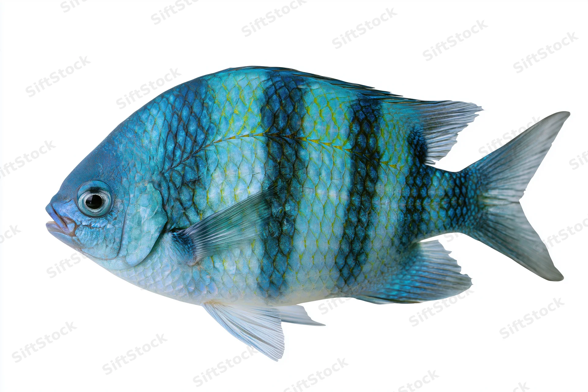 Sergeant major damselfish in profile against a white background