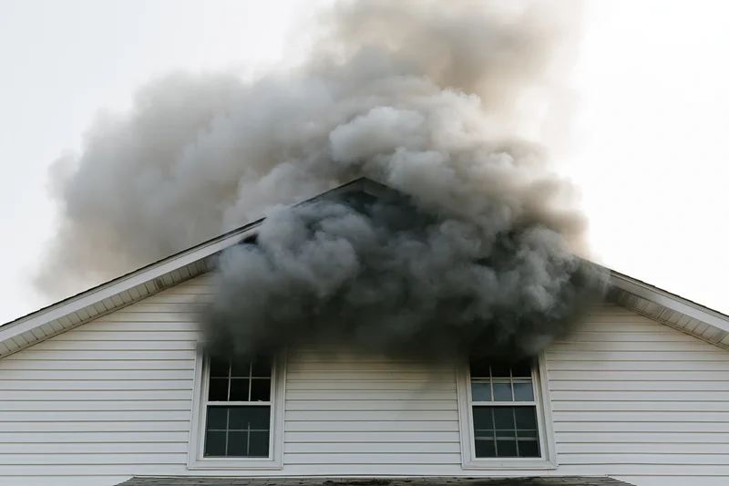 Thick black smoke billowing from the roof and windows of a white residential house