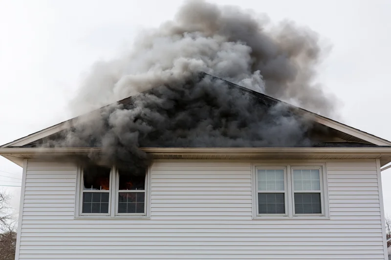 Burning single-story house with thick smoke billowing from roof and window