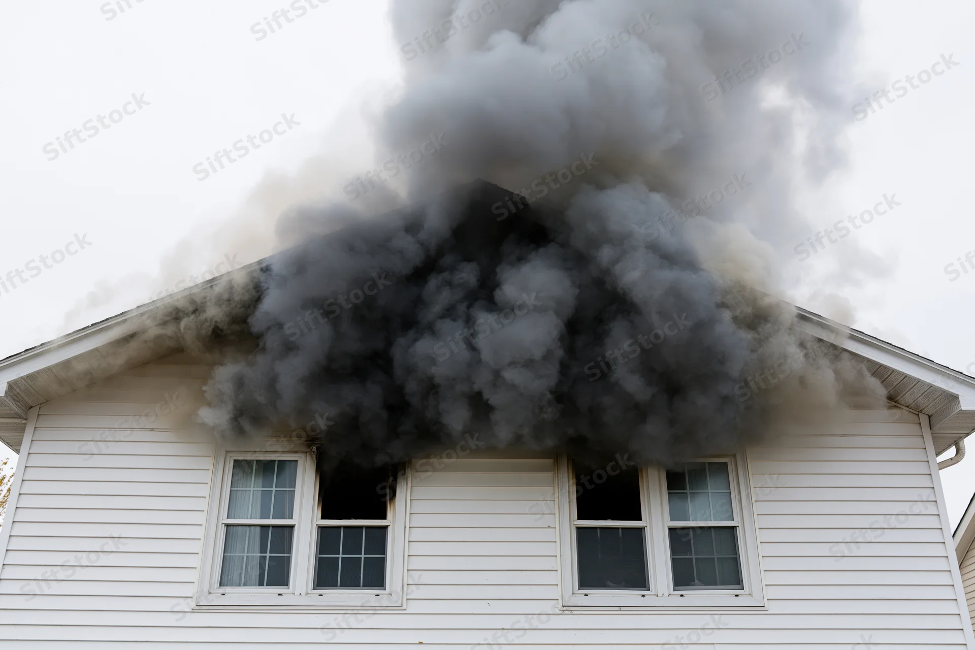 Thick black smoke billowing from windows and roof of white residential house during fire