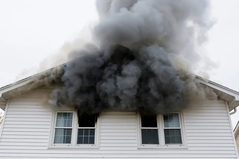 Thick black smoke billowing from windows and roof of white residential house during fire