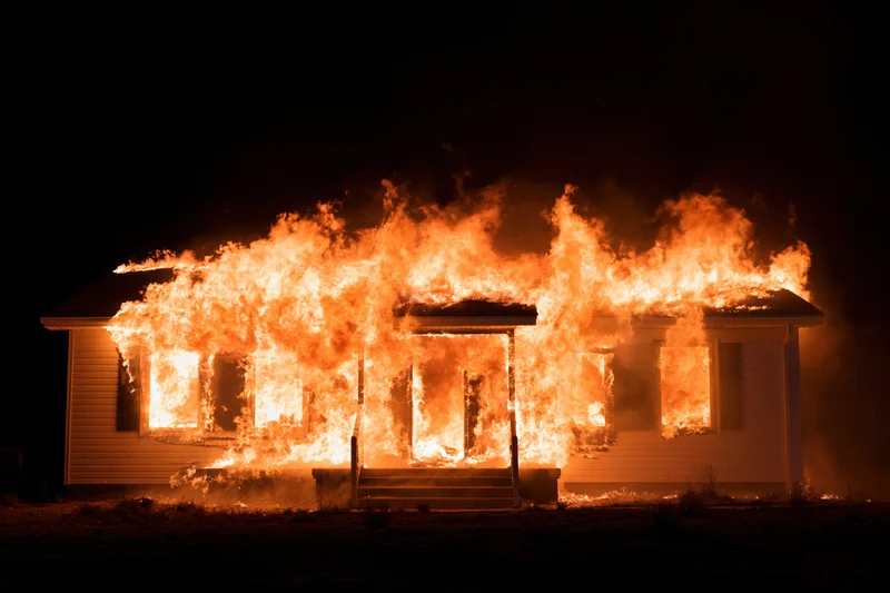 Single-story suburban house fully engulfed in flames at night