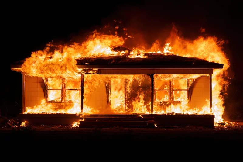 Single-story suburban house fully engulfed in flames at night