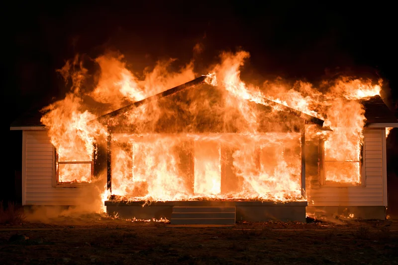 Single-story suburban house fully engulfed in flames at night