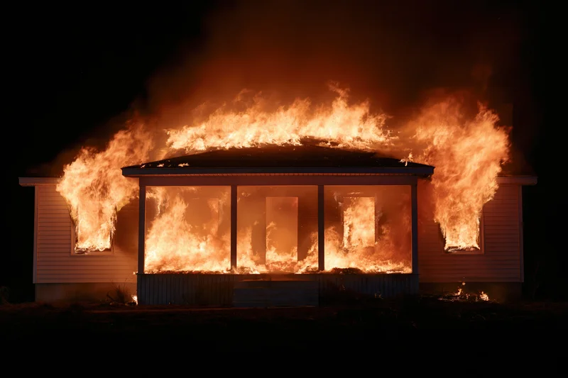 Single-story suburban house fully engulfed in flames at night
