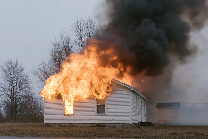 White clapboard house engulfed in flames with thick black smoke rising from roof and windows in rural setting