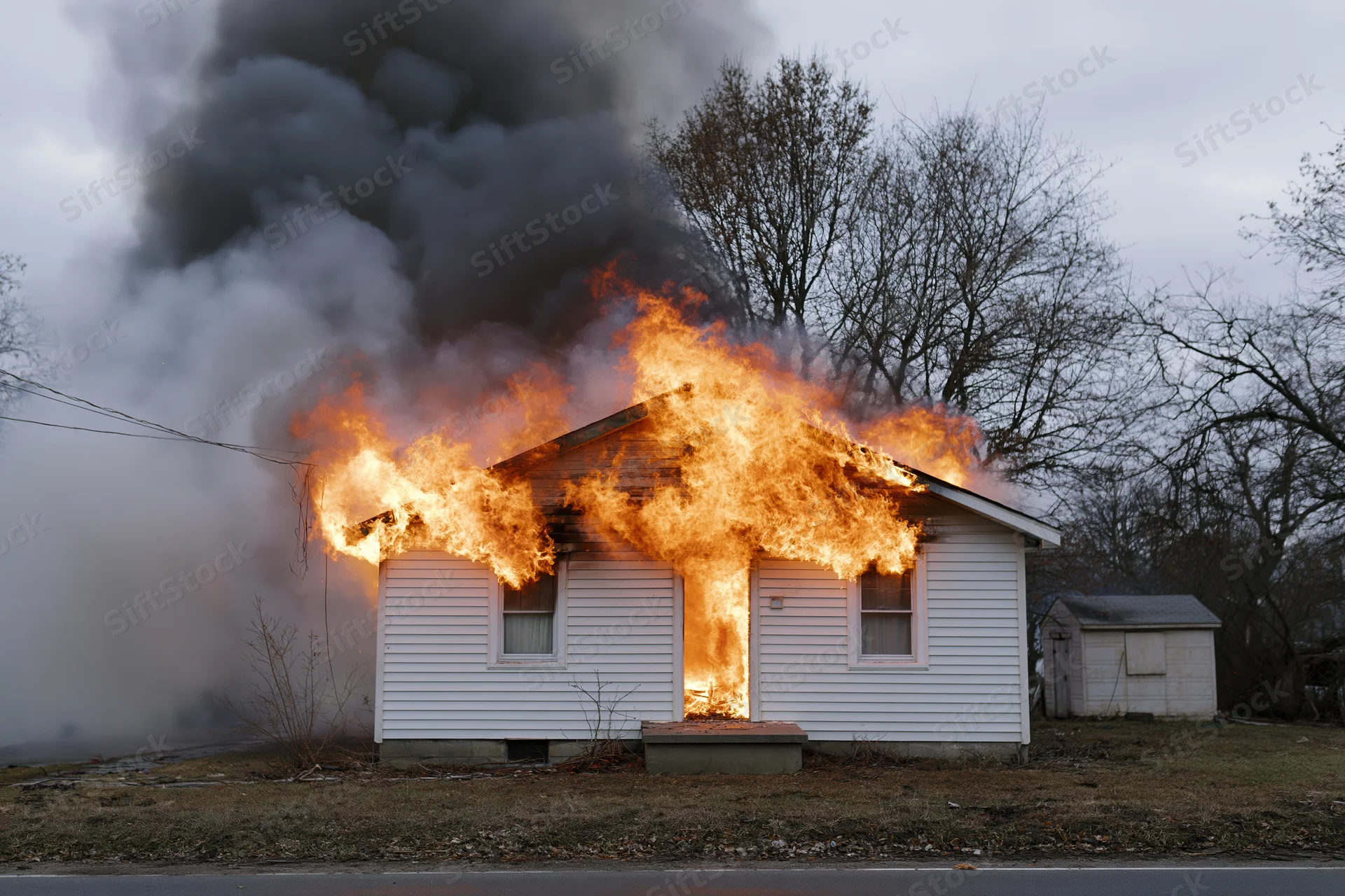 Single-story white clapboard house engulfed in flames with thick smoke rising from roof and front door