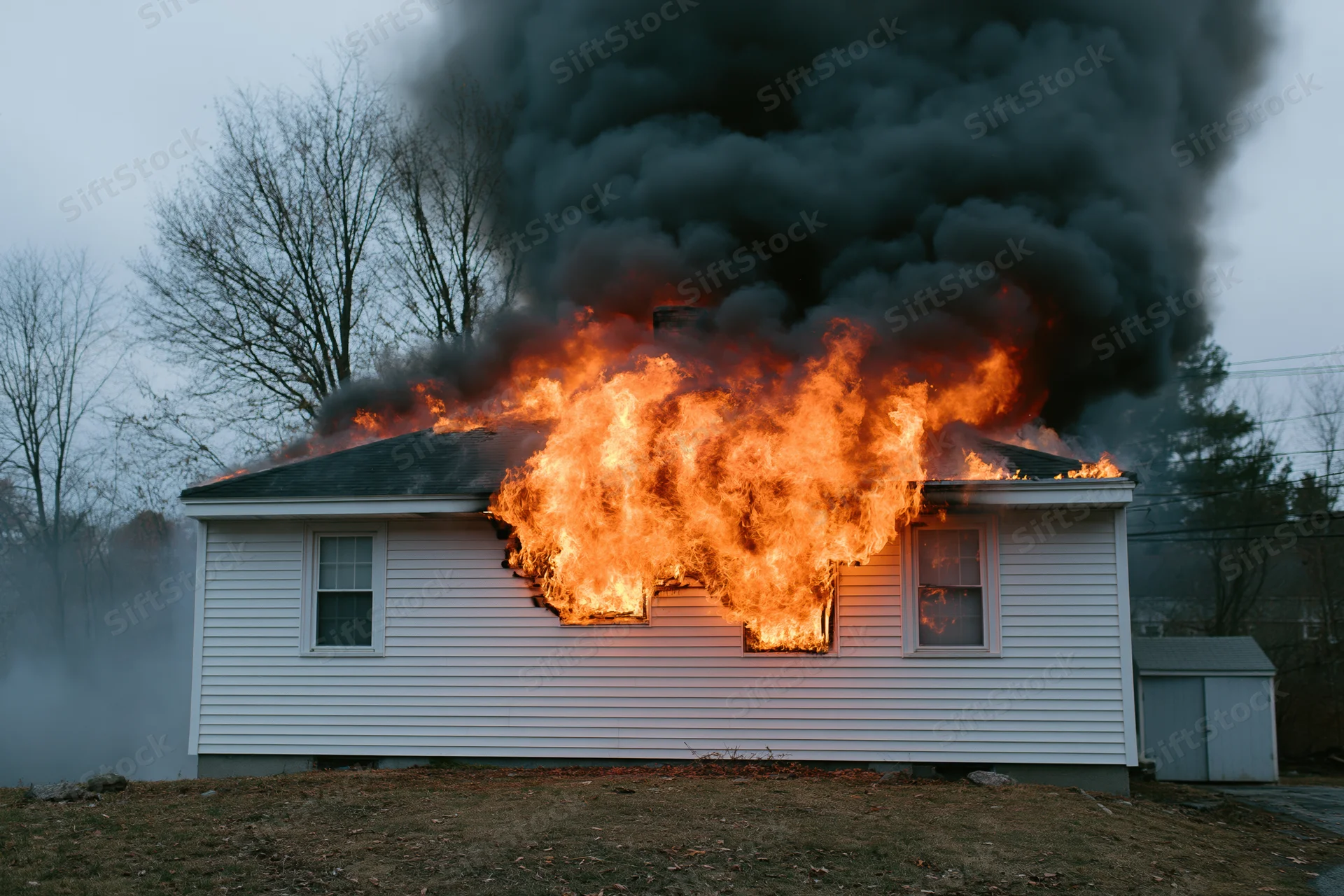 Single-story white clapboard house engulfed in flames with thick black smoke rising from roof and windows