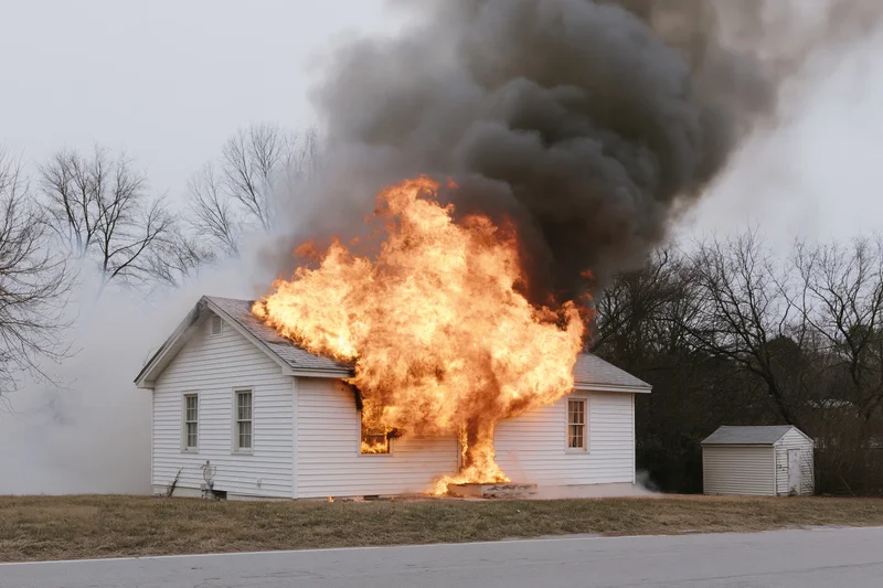 White clapboard house engulfed in flames with thick black smoke rising from roof and windows in rural setting