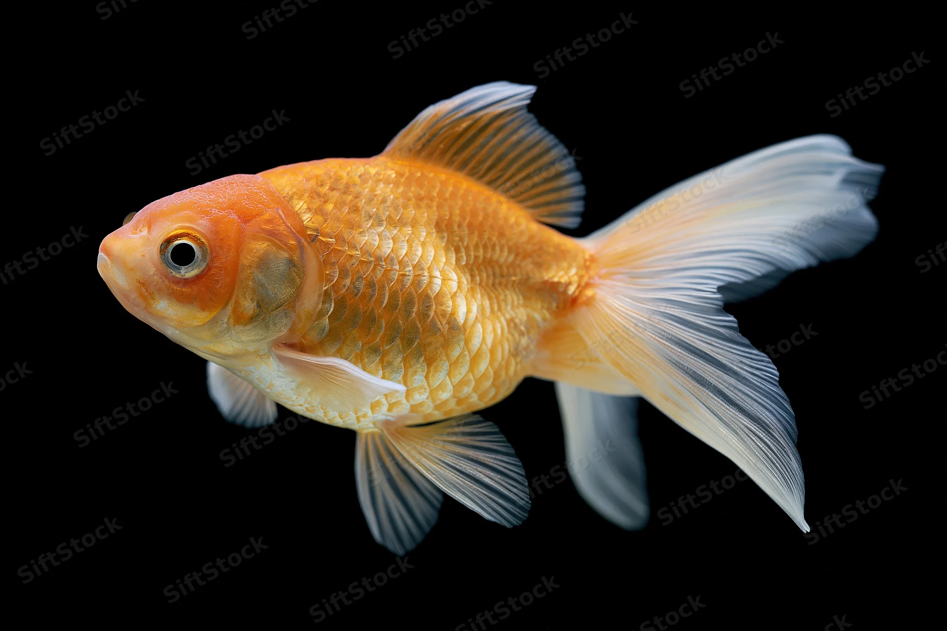 Fancy goldfish swimming with flowing fins and orange-gold scales against black background