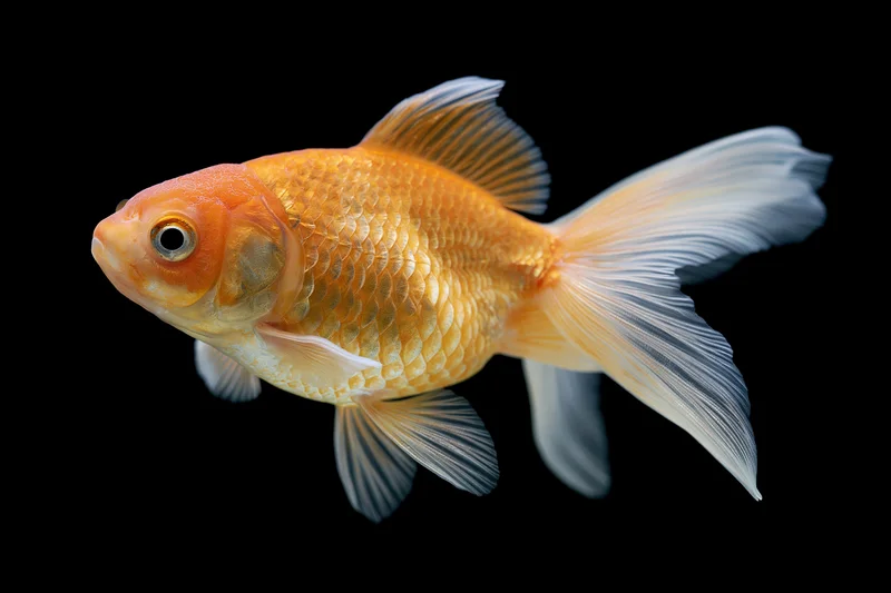 Fancy goldfish swimming with flowing fins and orange-gold scales against black background