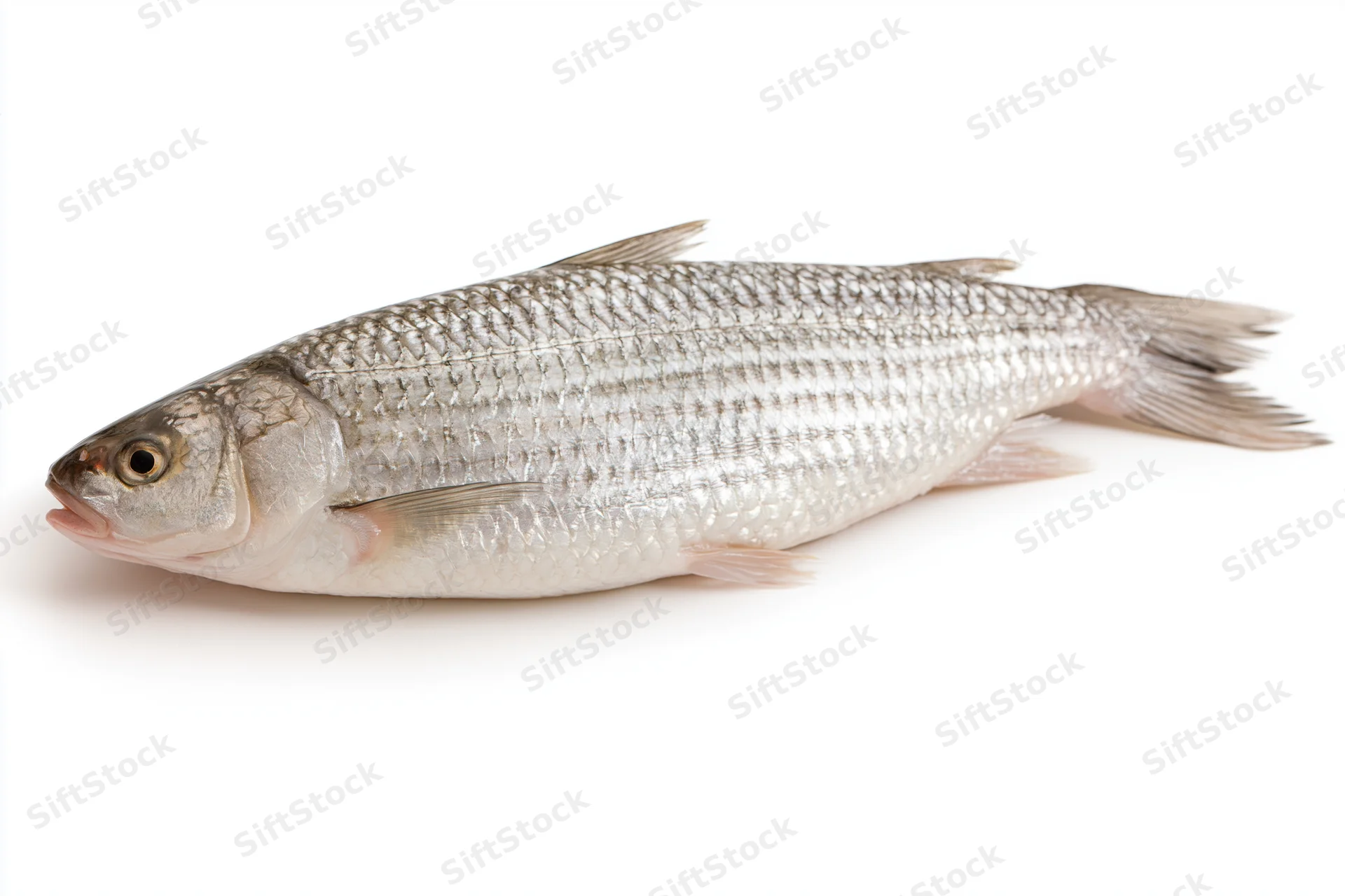 Fresh grey mullet fish lying on plain white background
