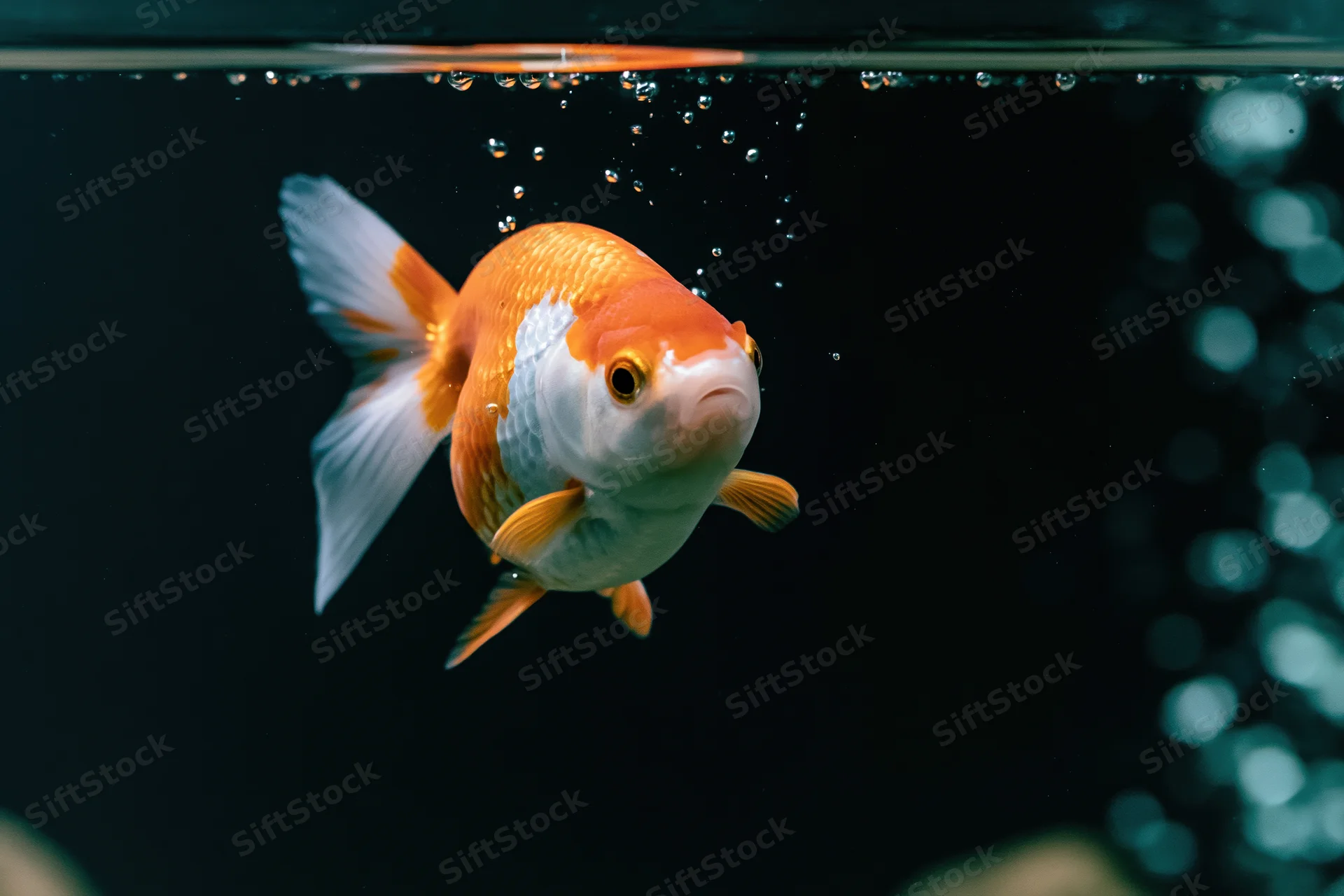 Orange-and-white fancy goldfish swimming near water surface in dark aquarium